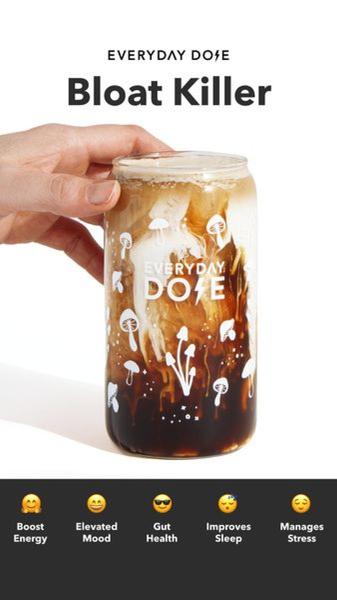 A high-contrast, product-focused 9:16 ad featuring an iced mushroom beverage, categorized by clear health benefits using iconography.
